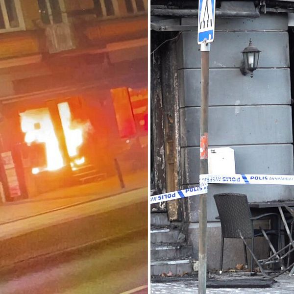 Tvådelad bild. Vänster: brand i byggnad. Höger: brandskadad fasad med avspärrning.