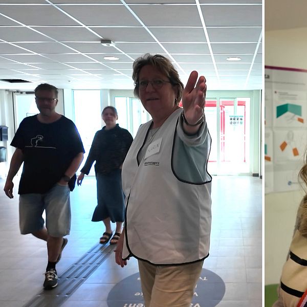 Röstmottagare visar väljare vägen samt porträtt av kvinna