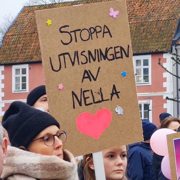 demonstranter i Simrishamn. Håller upp skyltar