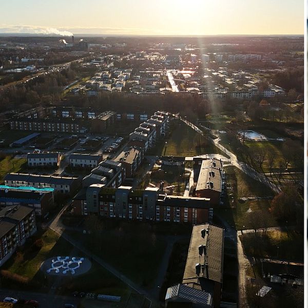 Översiktlig vy över en stad med bostadsområden och grönområden, samt en polis som står i profil iförd uniform.