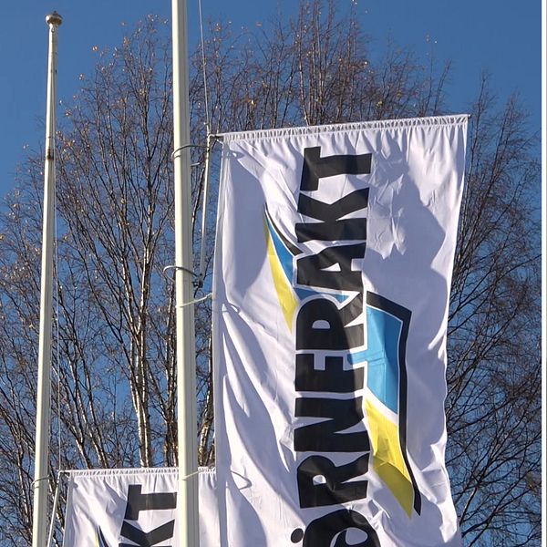 Bild med två sektioner: till vänster syns flaggor med texten ”KÖRNERAKT” hissade på en flaggstång mot en klarblå himmel, och till höger en person i samtal som delvis är osynliggjord.