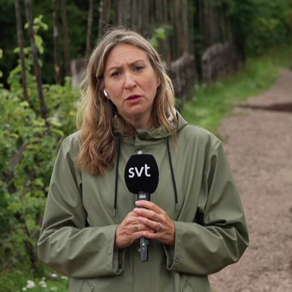 Reporter i Rättvik, skadad väg i bakgrunden