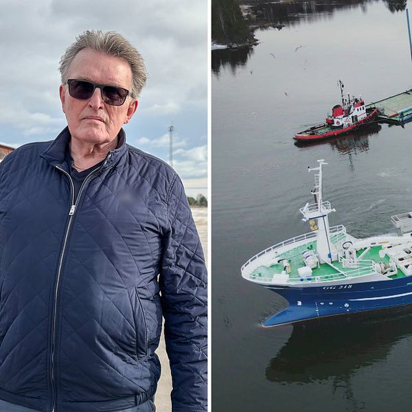 Tvådelad bild. Till vänster: vd för norrsundets hamn. Till höger: fisketrålare vid kaj bredvid bogserbåtar.