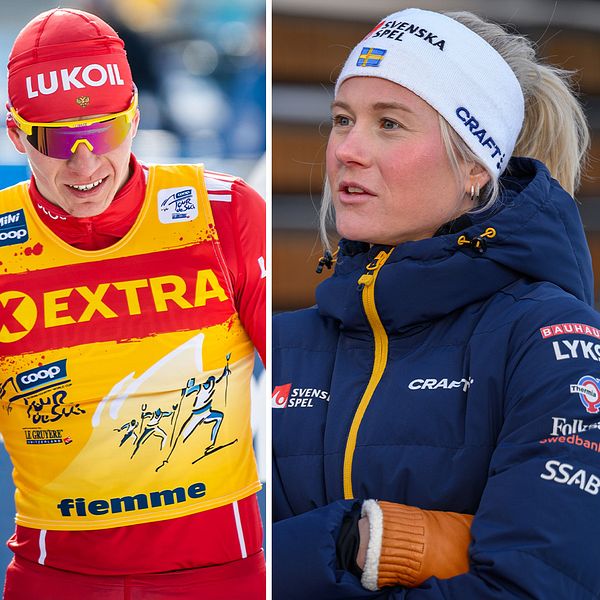 Tre personer iförda vinterkläder i sportmiljöer: till vänster en person i röd dräkt med gul väst från ”EXTRA”, i mitten en person i mörkblå jacka med olika sponsorer som LYKOB och LIZARD samt en vit mössa, till höger en person i svart mössa från ”SpareBank 1” med norska flaggan.