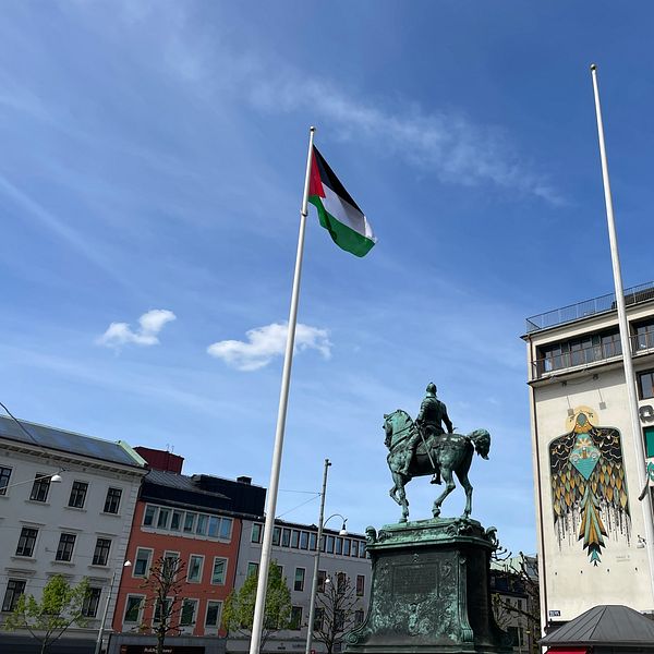 En palestinsk flagga hänger i en flaggstång på Kungsportsplatsen i centrala Göteborg.