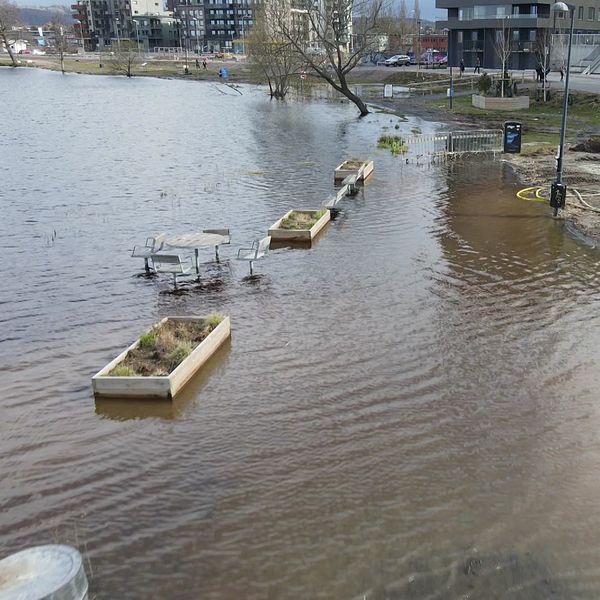 Vatten som har svämmat över krukor och stolar och ett bord.