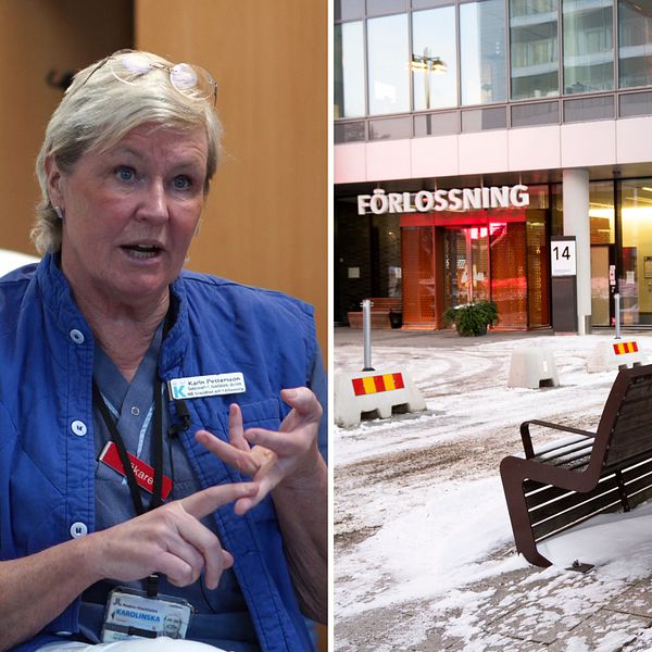 Karin Pettersson, chef för förlossningsvården på Karolinska universitetssjukhuset och bild på förlossningen på Karolinska i Solna.
