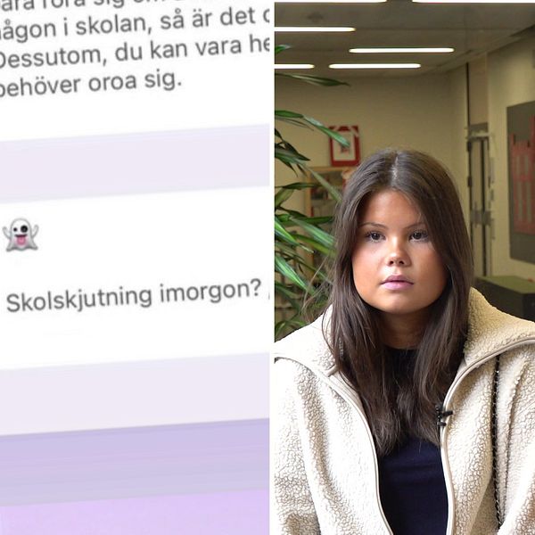 Tvådelad bild med hot mot skola på mobilskärm till vänster och två mörkhåriga tjejer i gymnasieålder till höger.