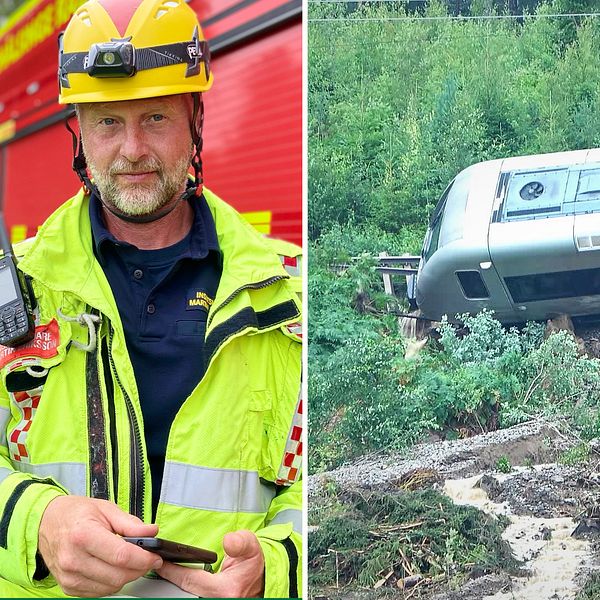 Martin Eriksson i full brandkårsmunderingtill vänster och en tågvagn som spårat ur till höger.