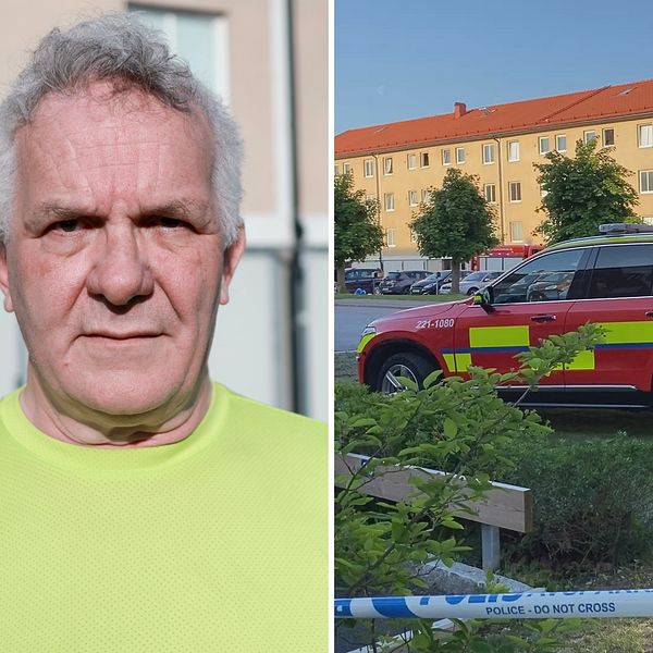 Man till vänster utryckningsbil till höger