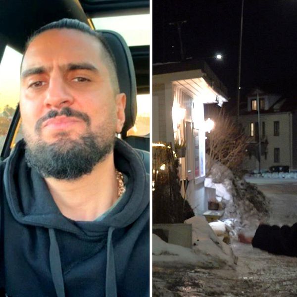 I bild till vänster: alias Benzema med mörkt skägg och svart huvtröja. I bild till höger: SVTs reporter vid den plats i Hudiksvall där Benzema 15 år tidigare drivit ett gatukök.