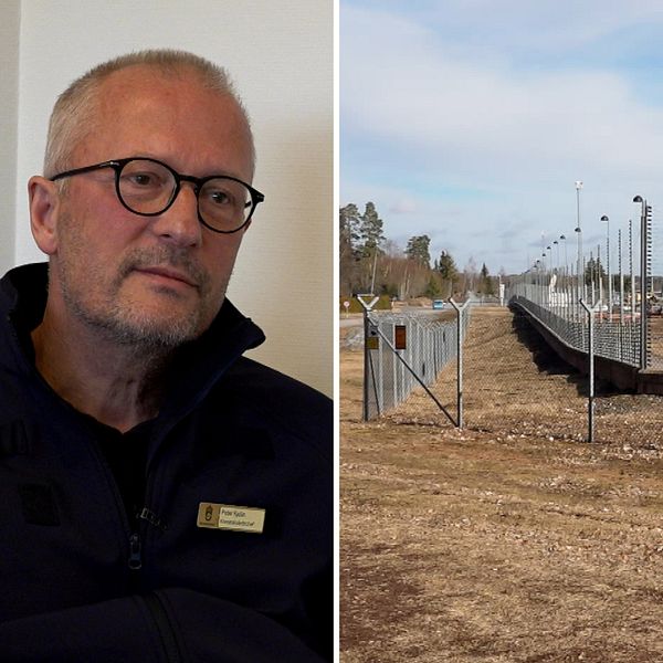 Tvådelad bild. Till vänster: Anstaltschefen Peter Kjellin i uniform. Till höger: stängsel vid fängelseanläggningen Hällbyanstalten.