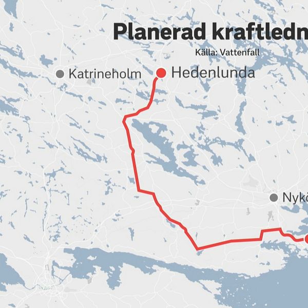 Karta över Sörmland. Rött streck visar var den planerade kraftledningen ska gå.