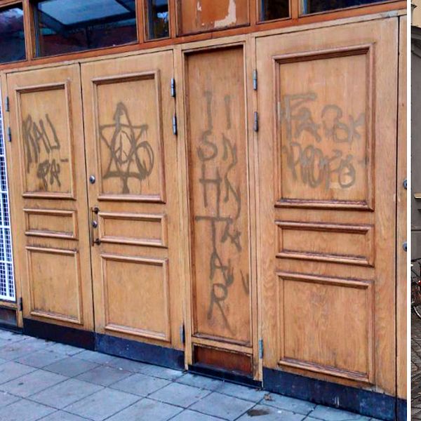 Till vänster: Klotter på dörrarna till Stockholms moské. Till höger: Poliser vid Stockholms stora synagoga.