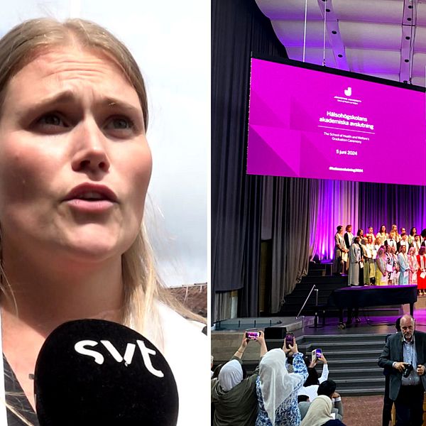 Sjuksköterskor som tar studenten på scenen i pingstkyrkan i Jönköping