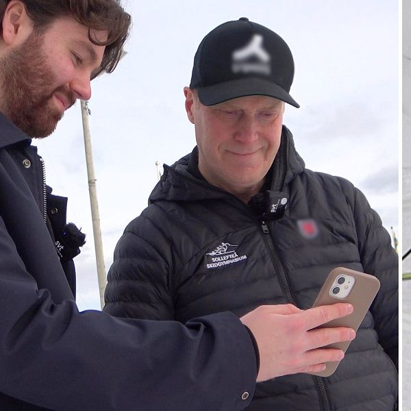 Tvådelad bild. Vänster: två personer ser på en mobil. Höger: skidåkare i röda kläder på snö.