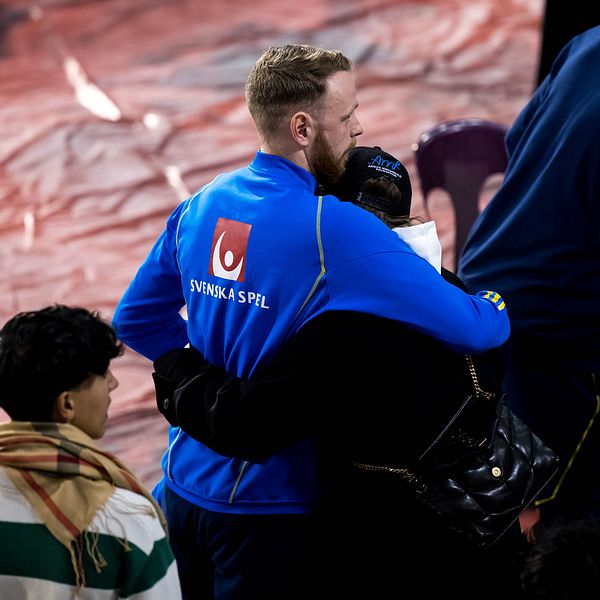 Goalkeeper Viktor Johansson of Sweden with family after the suspended UEFA Euro Qualifier football match between Belgium and Sweden on October 16, 2023 in Brussels.