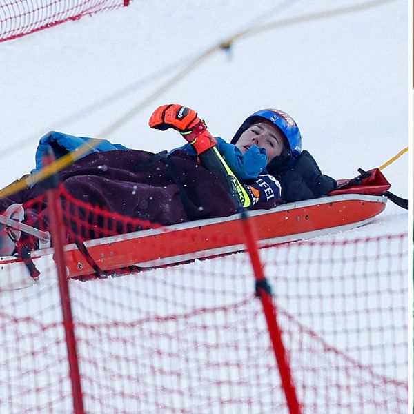 Splitbild på Mikaela Shiffrin, en från skidbacken och en från sjukhussängen.