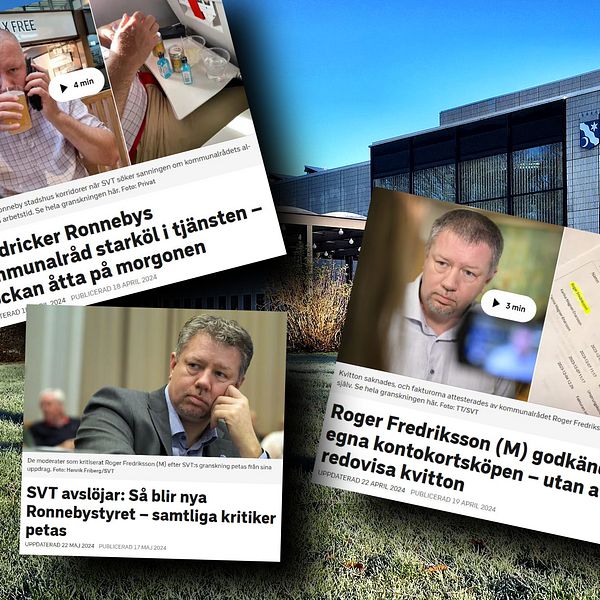 En delad bild som visar en byggnad för stadsförvaltning i Rönneby som ligger i bakgrunden, med ett frodigt grönområde framför. Framför byggnaden finns tre nyhetsartiklar med rubriker om kommunala frågor och politik. Den första artikeln handlar om kommunalrådets frukostvanor, den andra om kritik mot Rönnebystyret och den tredje om ett beslut av Roger Fredriksson gällande kontokortsinköp.