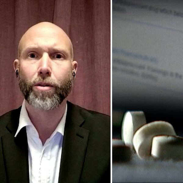 Björn Eriksson, gruppchef Noa, och skärmdump från sajt med piller i förgrunden.