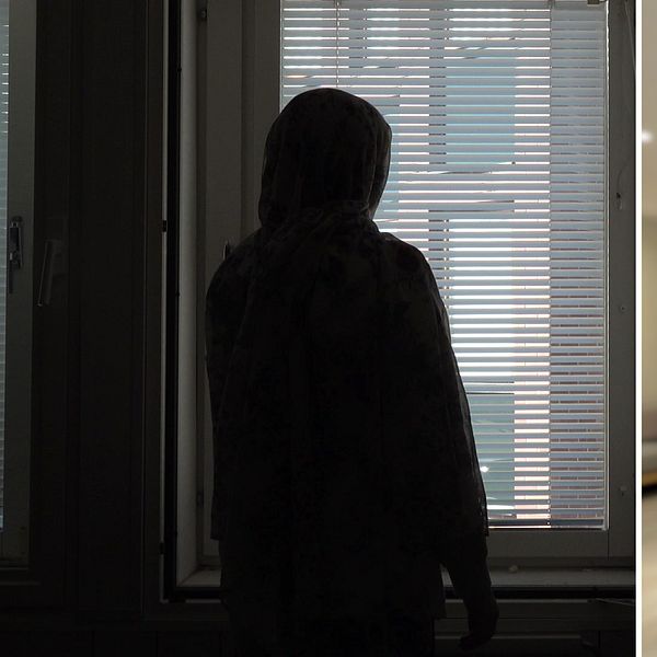 Tvådelad bild. Vänster: person står vid fönster. Höger: reporter med mikrofon inomhus.