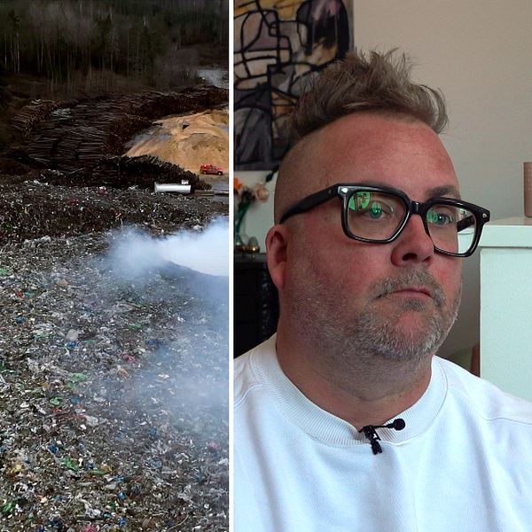 Tredelad bild. Till vänster: rök vid avfallshög i Botkyrka. I mitten: person i vit tröja. Till höger: entré till byggnad med WSP-skylt.