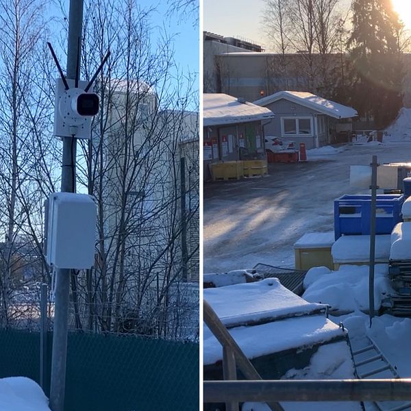 Bild på en kamera och vy över återbruket i Stenby