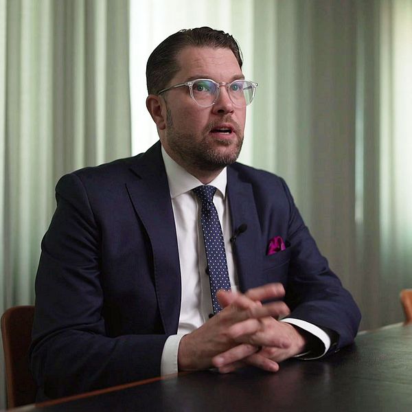 Synkbild på Jimmie Åkesson i intervju med SVT. Åkesson är klädd i kostym och sitter med händerna knäppta vid ett stort bord i ett konferensrum med fördragna garginer i dovt ljus.