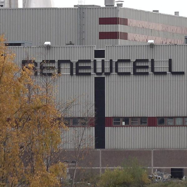 Exteriör av Renewcells anläggning i Sundsvall med träd i förgrunden till vänster,.
