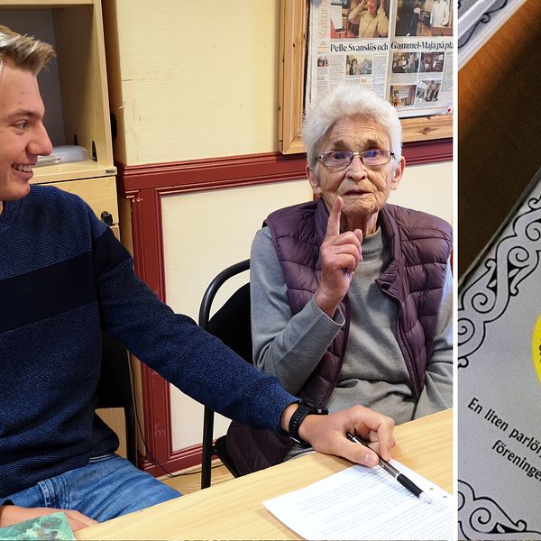 En ung kille och en äldre kvinna sitter bredvid varandra. en annan bild på en bok i älvdalska.