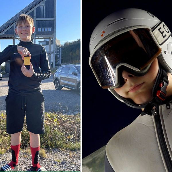 En delad bild med två sektioner: Till vänster står en person i sportig klädsel med en guldmedalj i händerna. Till höger syns en närbild av en person i en hjälm, skidglasögon och en tight dräkt.