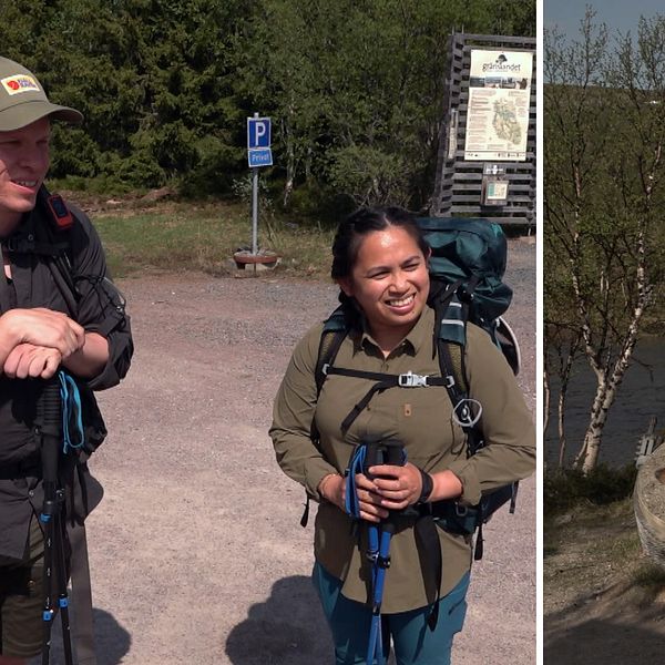 Två bilder på fjällturister i Grövelsjön. Till vänster: paret Huutoniemi/Tusoy – en man med keps, mörka vandringskläder och ryggsäck och en kvinna med svart hår, gröngrå vandringskläder och en ryggsäck. Paret lutar sig mot var sitt par vandringsstavar.  Till höger: Maria Holmgren, en kvinna med kort blont hår, svart t-shirt och gröna vandringsbyxor. Hon har även en gyllenbrun hund.