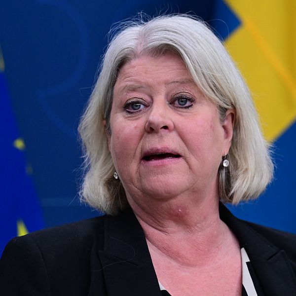 Kvinna i kostym framför svenska och EU:s flaggor vid talpodium.