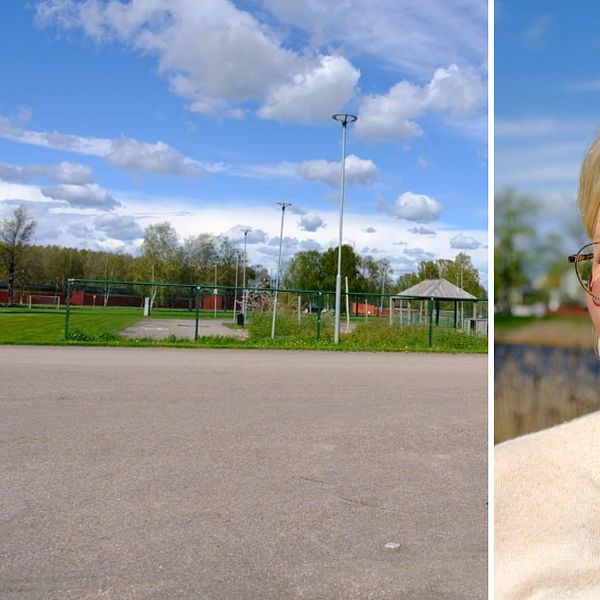 Delad bild. Vänster: tom idrottsplats utomhus. Höger: person utomhus med mikrofon.