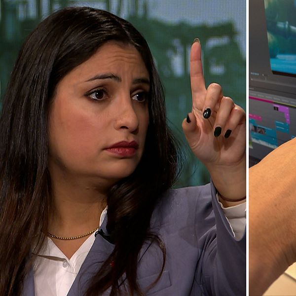 Nooshi Dadgostar pekar, samt närbild på finger som visar siffror i ett Excel-dokument.