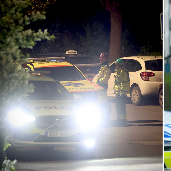 Delad bild. Till vänster: polisbil och polis på en gata i mörker. Till höger: reporter utomhus framför flerbostadshus.