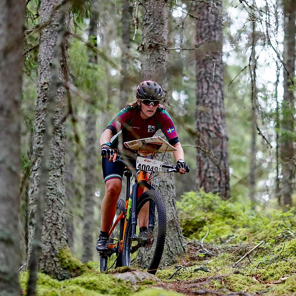 Mountainbikecyklist med en karta på styret orienterar i skogen.