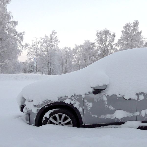Bild på bil i Luleå täckt av snö
