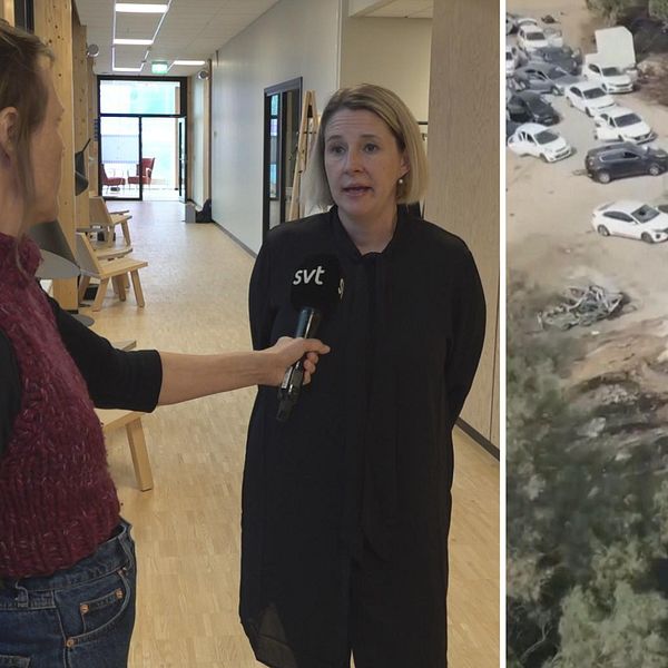 Oppositionsrådet Pernilla Torneus intervjuas och bild på utbrända bilar i Israel