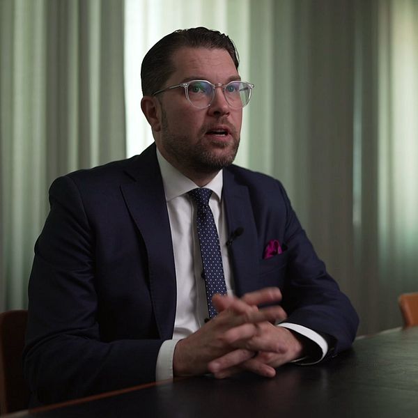 Synkbild på Jimmie Åkesson i intervju med SVT. Åkesson är klädd i kostym och sitter med händerna knäppta vid ett stort bord i ett konferensrum med fördragna garginer i dovt ljus.