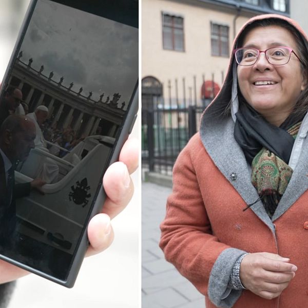 Tvådelad bild. Vänster: hand håller mobil med fotovisning. Höger: person utomhus har mobilen.