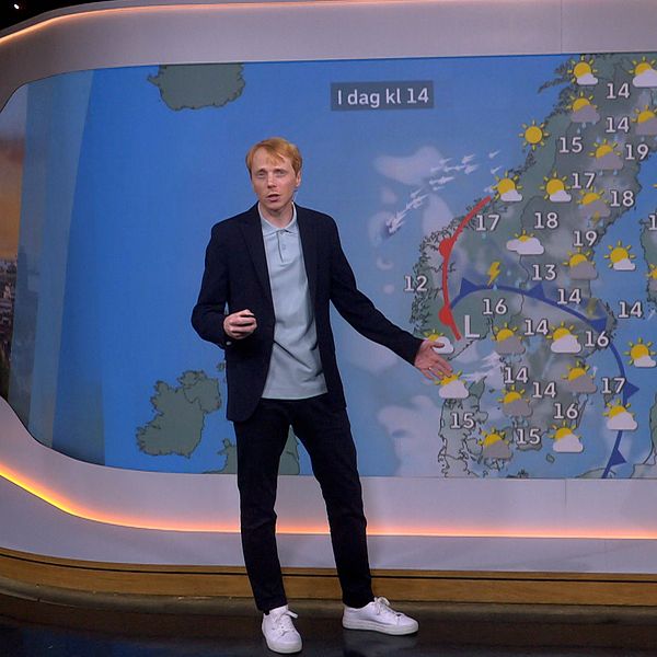 SVT:s meteorolog Marcus Sjöstedt ger prognos för landet under dagen. Det väntas kraftiga skyfall.