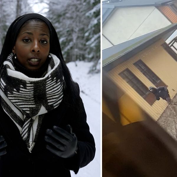 reporter Sofia Yohannes och stillbild på två unga pojkar med ett automatvapen i Dalen, Stockholm.