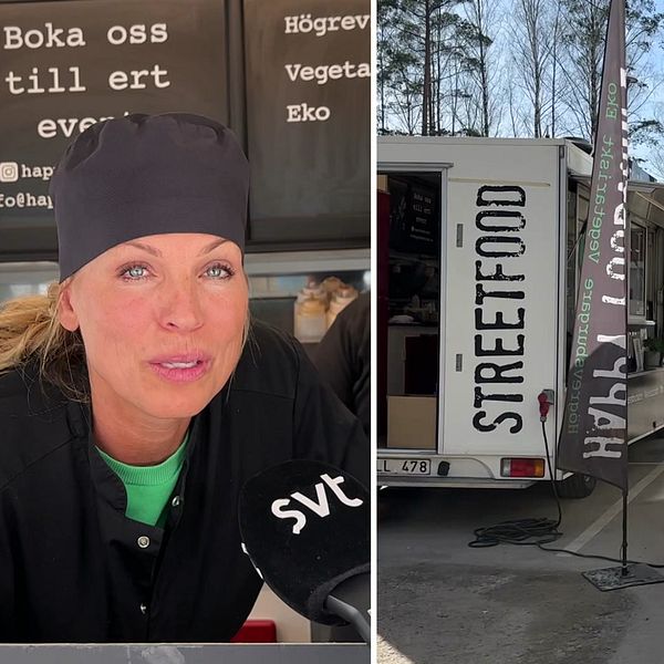 Delad bild. Till vänster: Helena Lindström i luckan på sin foodtruck. Till höger: streetfood-truck utanför Northvolt Labs i Västerås.