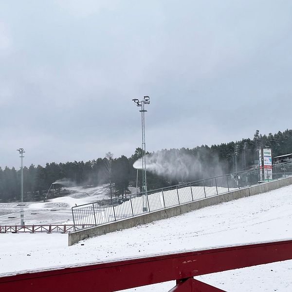 Skidstadion på Lugnet med snö och snökanoner under en kall och molnig dag. I bakgrunden syns skidspår och hoppbackar, medan ett röd räcke är synligt i förgrunden.