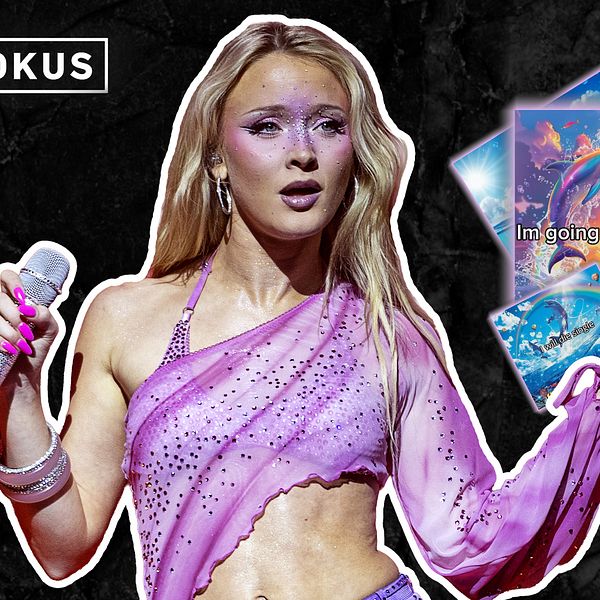 Zara Larsson på scen med mikrofon och albumomslag i bakgrunden