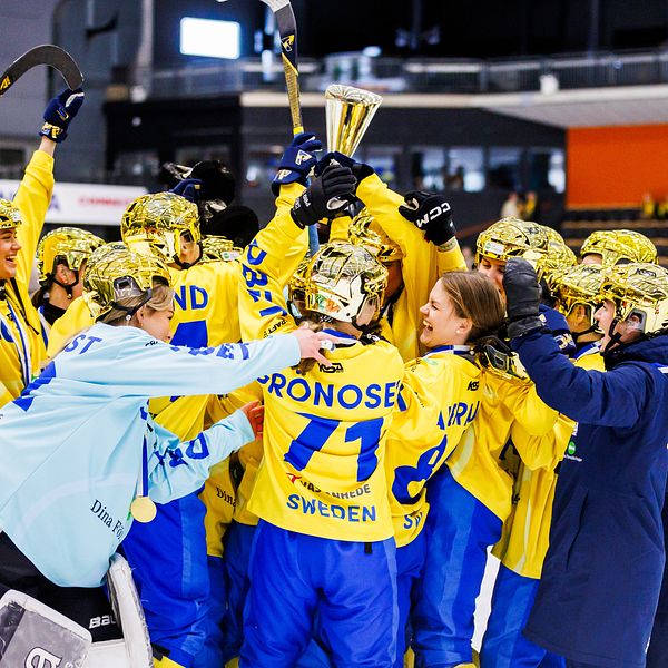 Svenska bandylag firar med pokal på isen, omgivna av glada lagkamrater.