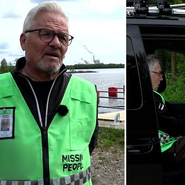 Till vänster: Martin Persson från Missing People står utomhus vid vattnet iklädd en grön väst. Till höger: Personer från Missing People vid en bil inför sökinsatsen i Piteå.