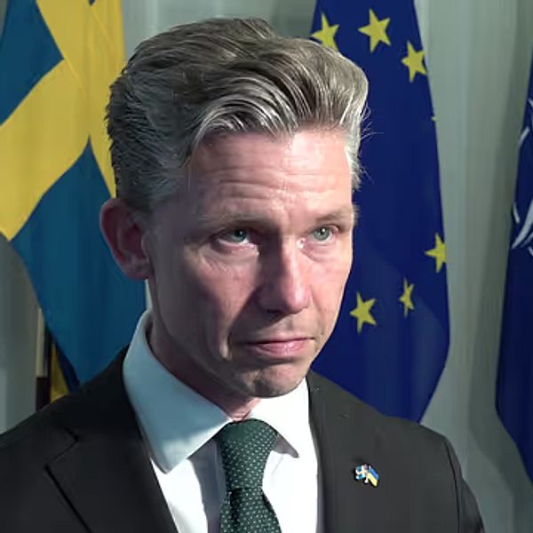 Regeringsföreträdare framför svenska och Nato-flaggor om tvångsköp av fastigheter
