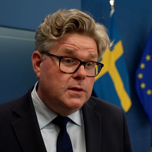 Justitieminister Gunnar Strömmer framför EU- och svenska flaggor